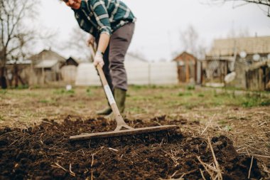 Genç kadın çiftçi baharda bir tarlada tırmıkla çalışıyor. Ekmeden önce toprağı hazırlıyorum. Bir kadının elindeki tırmığın yakın çekimi..