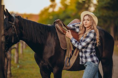 Atı olan genç bir kadın sonbaharda günbatımında çiftliğinde çitin yanında duruyor. Binicilik sporu için safkan atlar yetiştiriyor..