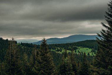 Dağ baharı manzarası. Hava bulutlu. Gökyüzü kara bulutlarla kaplıdır. Baharda güzel dağ manzarası.