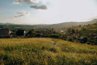 Yazın kozalaklı bir ormanın arka planına karşı bir dağ köyünün manzarası. Yazın dağlara seyahat. Yazın otantik bir dağ köyünde yaz tatili.