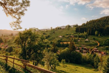 Yazın kozalaklı bir ormanın arka planına karşı bir dağ köyünün manzarası. Yazın dağlara seyahat. Yazın otantik bir dağ köyünde yaz tatili.