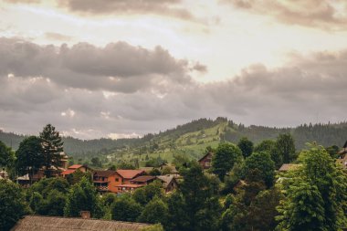 Yazın kozalaklı bir ormanın arka planına karşı bir dağ köyünün manzarası. Yazın dağlara seyahat. Yazın otantik bir dağ köyünde yaz tatili.