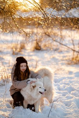 Kışın sevgili evcil hayvanı Samoyed ile parkta bir gölün kıyısında yürüyen bir kız. Kışın köpeği gezdiriyorum..