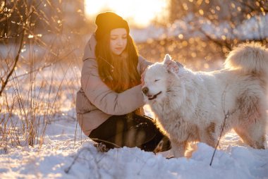 Kışın sevgili evcil hayvanı Samoyed ile parkta bir gölün kıyısında yürüyen bir kız. Kışın köpeği gezdiriyorum..