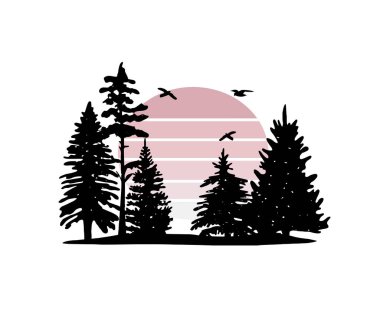 silhouette of fir trees, pink sunset vector clipart