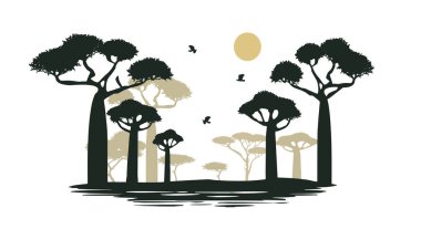African landscape with baobab trees and river vector silhouette clipart