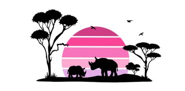 rhinoceroses and african trees and pink sunset vector silhouette. clipart