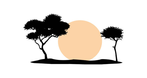 savannah trees and orange sunset vector silhouette