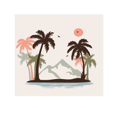 Dağların silueti ve palmiye ağaçları manzara vektör okyanusu. Dağlı palmiye ağaçları ve su vektörü silueti pembe güneş