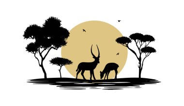Antiloplarla kaplı manzara vektör silueti sarı günbatımı. Antilopların vektör silueti ile Afrika manzarası
