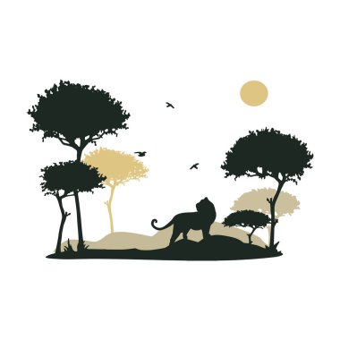 Afrika peyzaj vektör silueti. Savannah Afrika manzarası leopar vektör silueti ile