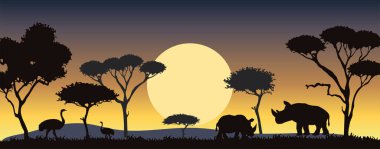 Gergedanlar ve devekuşları vektör siluetiyle Savannah Afrika manzarası