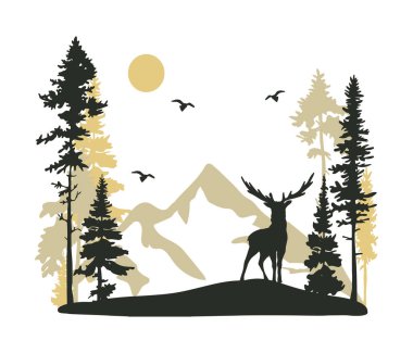 deer in the forest, mountain landscape vector clipart