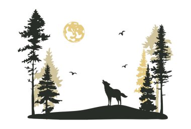 forest landscape and wolf vector clipart