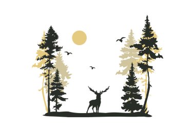 Geyik siluetiyle orman manzarası