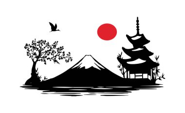 Japon tapınağının silueti ve Fuji dağı, nehir vektörünün yanındaki kırmızı güneş.
