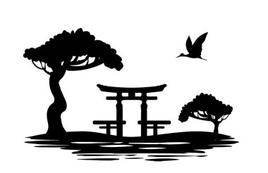 Torii geçit vektörünün Japon peyzaj silueti