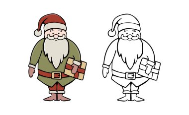 Noel Baba 'nın elinde boyama için hediye kutusu çizimi var.
