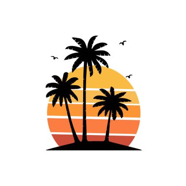 Palmiye ağaçlarının silueti ve turuncu günbatımı vektör logosu. Palmiye ağaçları vektör silueti ile deniz pelerini