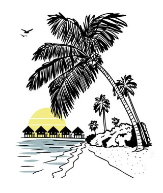skeç maldivler vektörü. çizim okyanus ve palmiye ağacı vektörü sarı gün batımı