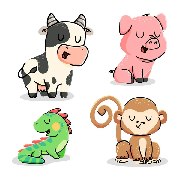 Sada Roztomilých Animovaných Zvířat Vektorové Ilustrace Kráva Prase Iguana Opice — Stockový vektor