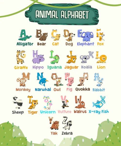 Vector Animal Alphabet Cute Cartoon Animals Letters — Stock Vector