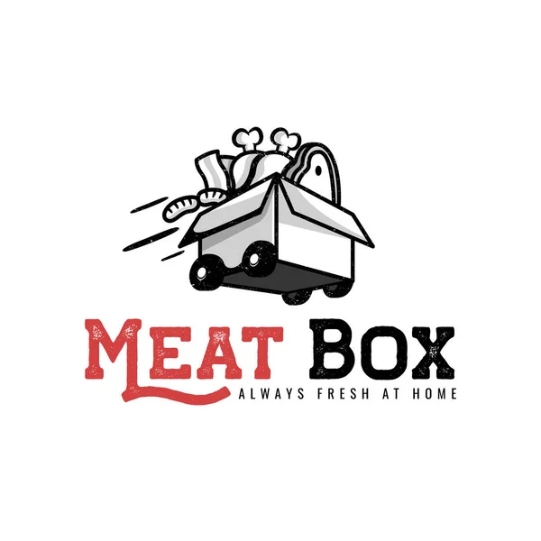 Κρέας Και Λουκάνικο Στο Κουτί Ρόδες Για Σχεδιασμό Λογότυπου Παράδοσης — Διανυσματικό Αρχείο