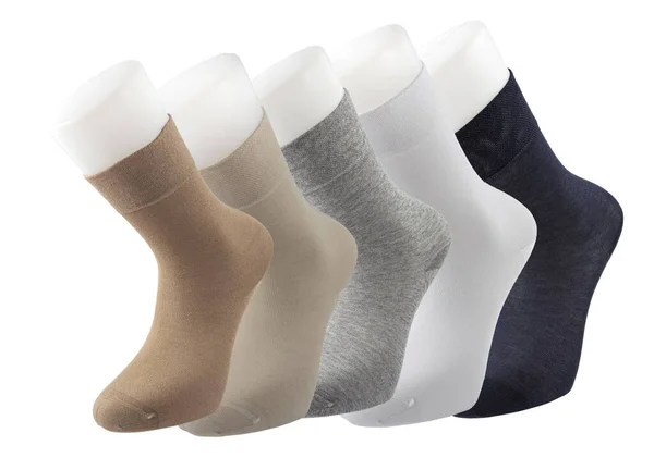 Farklı Dizaynlara Dizilmiş Renkli Çoraplar Örülmüş Diz Boyu Çoraplar Beyaz — Stok fotoğraf