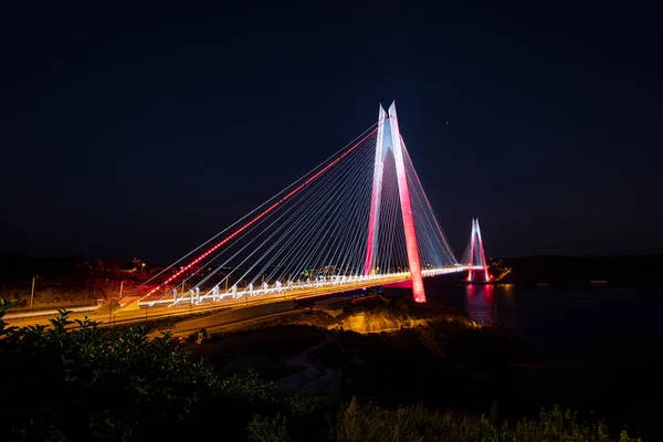 stock image Yavuz Sultan Selim Bridge night exposure, Istanbul, Turkey. Yavuz Sultan Selim Bridge in Istanbul, Turkey. 3rd Bosphorus Bridge and Northern Marmara Motorway.