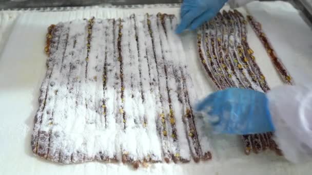 看到一个自动化的工厂机器切割机正方形土耳其快意 糖果制造厂 土耳其欢乐作坊生产 — 图库视频影像