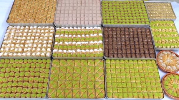 Soorten Turkse Baklava Trays Burma Kadayif Sobiyet Sutlu Nuriye Chocolade — Stockvideo
