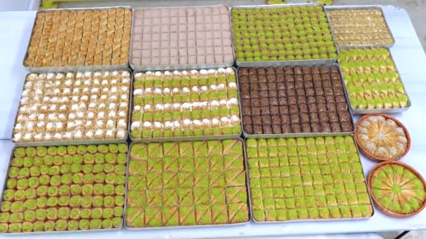 Tipos Baklava Turca Bandejas Burma Kadayif Sobiyet Sutlu Nuriye Chocolate — Vídeo de Stock