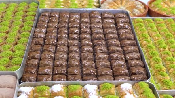 Typer Turkiska Baklava Brickor Burma Kadayif Sobiyet Sutlu Nuriye Choklad — Stockvideo