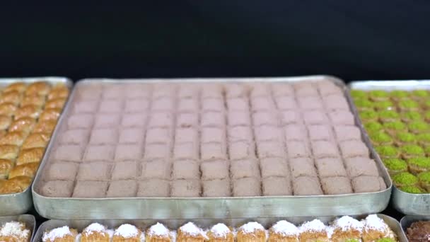 Soorten Turkse Baklava Trays Burma Kadayif Sobiyet Sutlu Nuriye Chocolade — Stockvideo