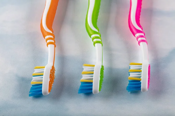 Plastic Toothbrushes Colorful Handles Color Background — Stock Photo, Image