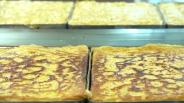 Geleneksel Türk yemekleri. Lezzetli Türk yemekleri; tepsi pastası; (Türkçe adı; Su boregi) Burek. Su Boregi 'yi yemek fabrikasında pişirmenin aşamaları. Yüksek kalite 4K video çekimi.