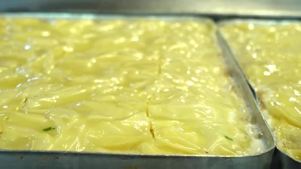 トルコの伝統料理 おいしいトルコ料理 トレイペストリー トルコ語名 蘇Boregi 事務局 食品工場でスーボレギを調理する段階 高品質の4Kビデオ撮影 — ストック動画