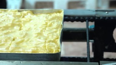 Geleneksel Türk yemekleri. Lezzetli Türk yemekleri; tepsi pastası; (Türkçe adı; Su boregi) Burek. Su Boregi 'yi yemek fabrikasında pişirmenin aşamaları. Yüksek kalite 4K video çekimi.