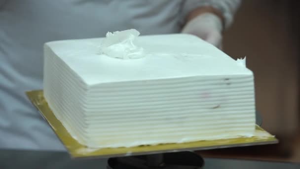 糕点厨师在商业厨房做新鲜美味的巧克力蛋糕 做蛋糕的最后一步 在工厂把蛋糕吃完了 精品制造厂 高质量的4K镜头 — 图库视频影像