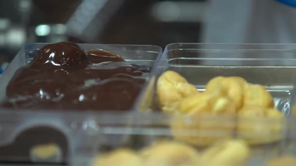 Kochen Von Schokoladengewinnern Fließband Sweet Food Konzept Schachteln Mit Schokoladengewinnern — Stockvideo