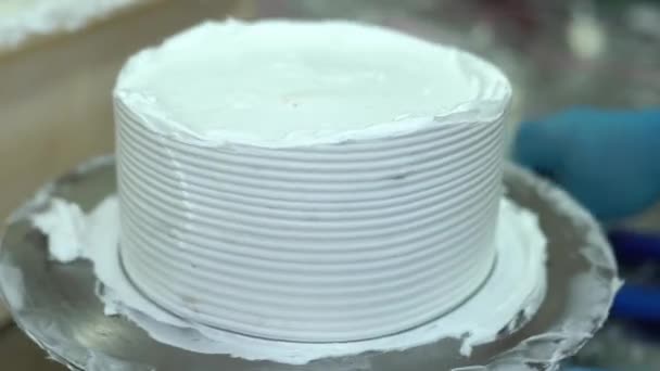 パティスリーの製造工程でケーキ ストロベリーの誕生日ケーキでケーキを飾る ペイストリーシェフがケーキを作っています ベーキングコンセプト バタークリームとクリームスポンジケーキ — ストック動画