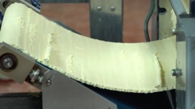 Bir Köfte Fabrikasında Otomatik Makine Üretim Sürecinin Yakın Çekim Görüntüleri. Taze Ham Pelmeni Konveyör Bant Üzerine Güz. Gıda Fabrikasında Endüstriyel Makine İşletilmesi.