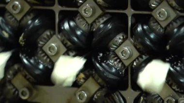 Donmuş hamur köftelerini paketlemek için bir makine. Yarı bitmiş ürünlerin üretimi için modern fabrika. Geleneksel ravioli. Hamur köftesi fabrikasında üretim süreci. Ağır çekim video çekimi.