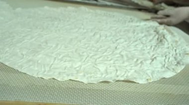Food Factory otomatikman fillo hamur üretiyor. Hamur taşıyıcı, fillo ekmeği pişirme işlemi. 4K kalite video çekimi. Geleneksel, fillo hamuru (buğday unundan yapılır). yerel isim; Yufka.