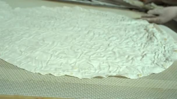 食品工場は フィロ生地の自動生産を行います 生地コンベア フィロパンのベーキングプロセス 4K品質のビデオ撮影 伝統的な フィロ生地 小麦粉から作られた 地元の名前 ユフカ — ストック動画