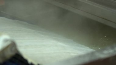 Geleneksel Türk yemekleri. Lezzetli Türk yemekleri; tepsi pastası; (Türkçe adı; Su boregi) Burek. Su Boregi 'yi yemek fabrikasında pişirmenin aşamaları. Yüksek kalite 4K video çekimi.