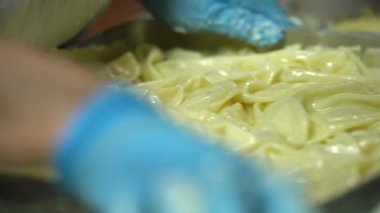 Geleneksel Türk yemekleri. Lezzetli Türk yemekleri; tepsi pastası; (Türkçe adı; Su boregi) Burek. Su Boregi 'yi yemek fabrikasında pişirmenin aşamaları. Yüksek kalite 4K video çekimi.