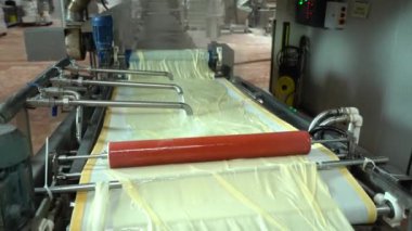 Geleneksel Türk yemekleri. Lezzetli Türk yemekleri; tepsi pastası; (Türkçe adı; Su boregi) Burek. Su Boregi 'yi yemek fabrikasında pişirmenin aşamaları. Yüksek kalite 4K video çekimi.