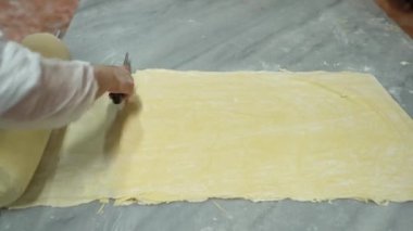Geleneksel Türk yemekleri. Lezzetli Türk yemekleri; tepsi pastası; (Türkçe adı; Su boregi) Burek. Su Boregi 'yi yemek fabrikasında pişirmenin aşamaları. Yüksek kalite 4K video çekimi.