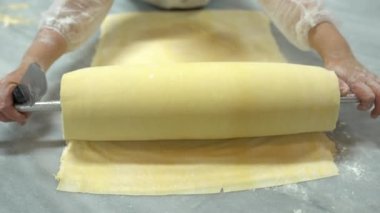 Geleneksel Türk yemekleri. Lezzetli Türk yemekleri; tepsi pastası; (Türkçe adı; Su boregi) Burek. Su Boregi 'yi yemek fabrikasında pişirmenin aşamaları. Yüksek kalite 4K video çekimi.